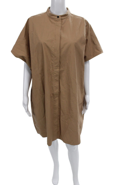 Jil Sander Womens Beige Cotton Mock Neck Short Sleeve Shirt Dress Button Size L