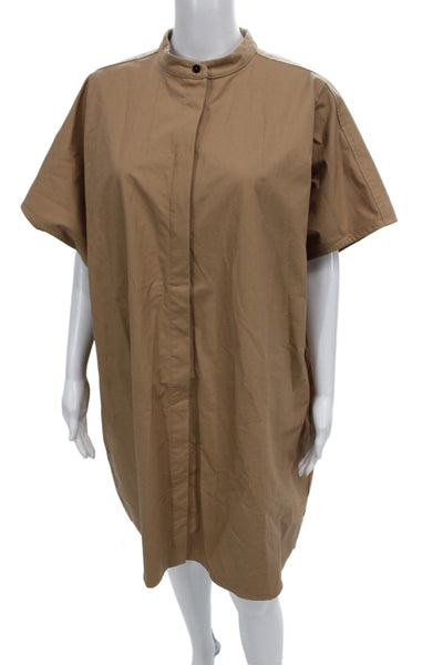 Jil Sander Womens Beige Cotton Mock Neck Short Sleeve Shirt Dress Button Size L