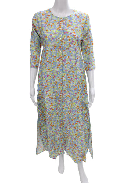 Roller Rabbit Women Floral Shirt Dress Blue Cotton 3/4 Sleeve Midi Size 2XS