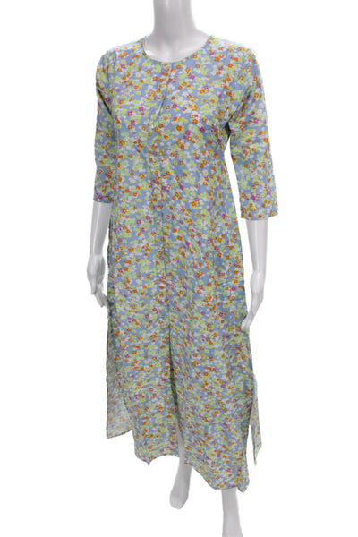 Roller Rabbit Women Floral Shirt Dress Blue Cotton 3/4 Sleeve Midi Size 2XS