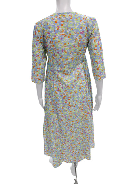 Roller Rabbit Women Floral Shirt Dress Blue Cotton 3/4 Sleeve Midi Size 2XS