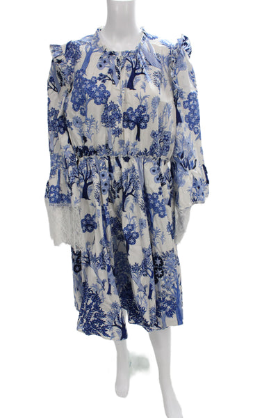 Giambattista Valli Women Fit & Flare Blue Mid Calf Dress Long Sleeve Size 48 Pla