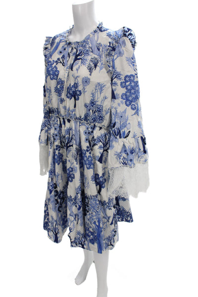 Giambattista Valli Women Fit & Flare Blue Mid Calf Dress Long Sleeve Size 48 Pla