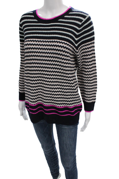J Crew Women Striped Crew Neck Pullover Sweater Black Cotton Acrylic Size M