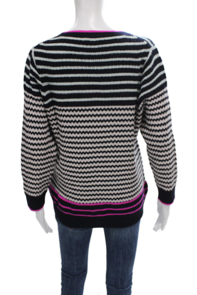J Crew Women Striped Crew Neck Pullover Sweater Black Cotton Acrylic Size M