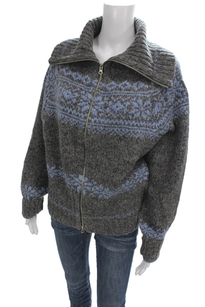 Free People Unisex Fair Isle Collared Full Zip Cardigan Dark Gray Size L