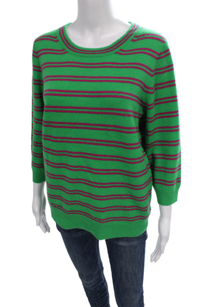 J Crew Unisex Striped Green Pullover Crewneck 3/4 Sleeve Cotton Sweater Size M
