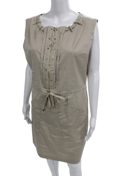 Elie Tahari Women Shift Dress Beige Cotton Sleeveless Drawstring Size 10