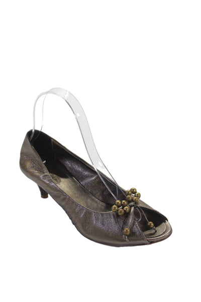 Designer Leather Open Toe Beaded Kitten Heels Gold Size 6