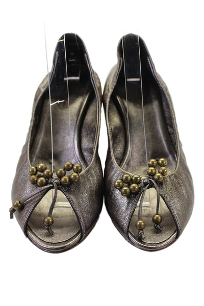 Designer Leather Open Toe Beaded Kitten Heels Gold Size 6