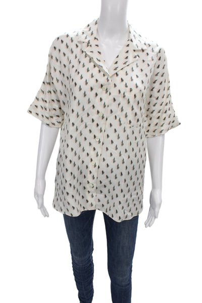 Theory Womens White Silk Collared Floral Button Up Blouse Short Sleeve Size M
