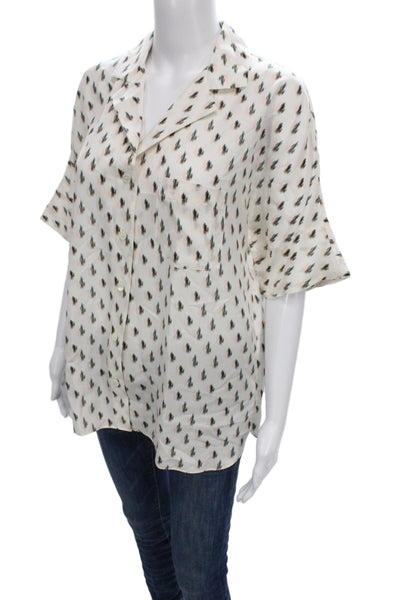 Theory Womens White Silk Collared Floral Button Up Blouse Short Sleeve Size M