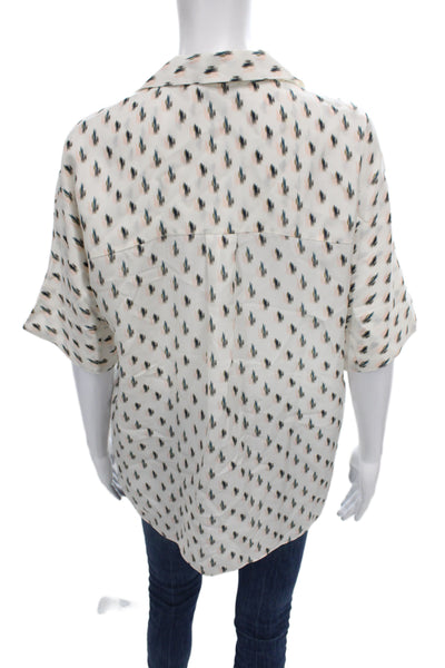 Theory Womens White Silk Collared Floral Button Up Blouse Short Sleeve Size M