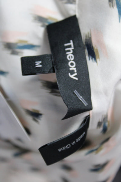 Theory Womens White Silk Collared Floral Button Up Blouse Short Sleeve Size M