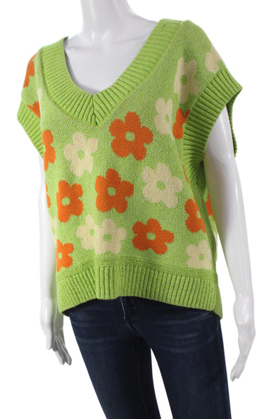 Zara Womens Green Floral Cotton V Neck Sleeveless Sweater Vest Size S