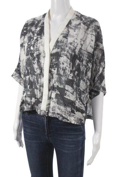 Helmut Lang Womens Cropped Kimono Blouse Black V-Neck Graphic Print Size S