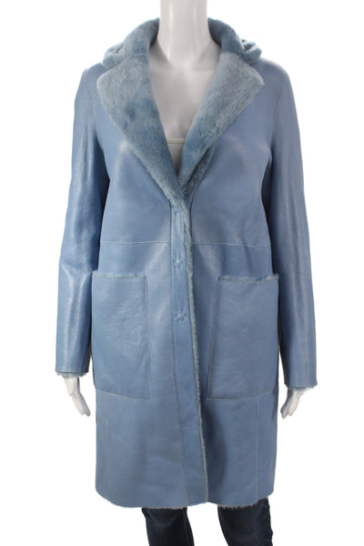 Blancha Womens Sheepskin Overcoat Blue Snap Long Sleeve Size 42