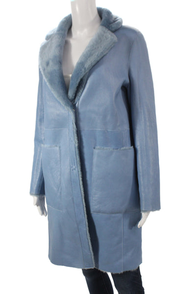 Blancha Womens Sheepskin Overcoat Blue Snap Long Sleeve Size 42