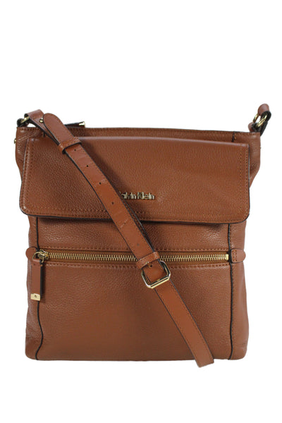 Calvin Klein Womens Leather Adjustable Zip Up Shoulder Bag Brown
