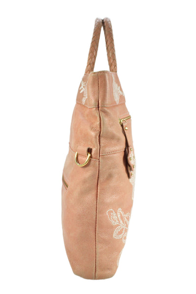 Isabella Fiore Womens Embroidered Leather Top Handle Bag Pink