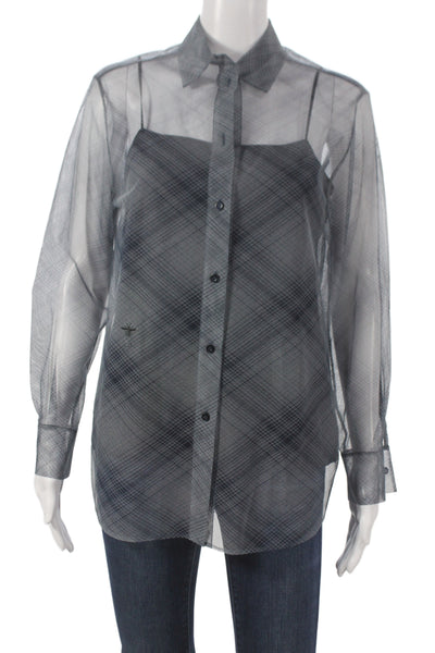 Christian Dior Womens Silk Plaid Collared Camisole Navy Long Sleeve Size 6