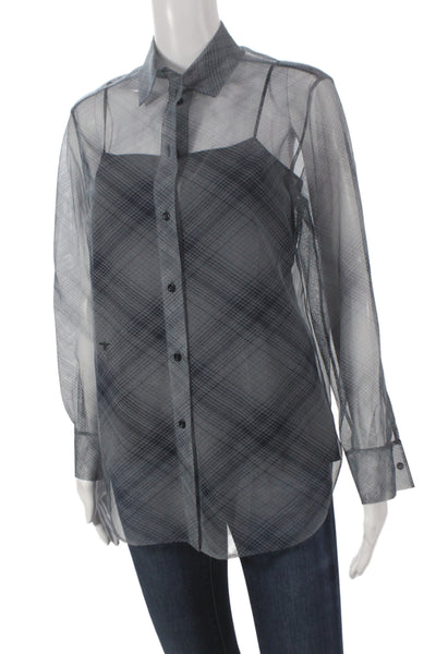 Christian Dior Womens Silk Plaid Collared Camisole Navy Long Sleeve Size 6