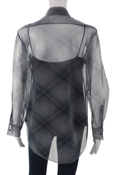 Christian Dior Womens Silk Plaid Collared Camisole Navy Long Sleeve Size 6