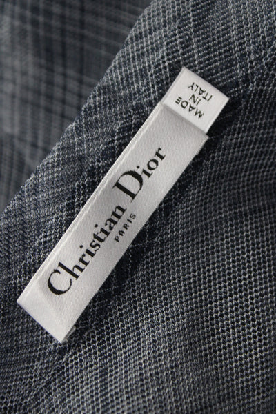 Christian Dior Womens Silk Plaid Collared Camisole Navy Long Sleeve Size 6