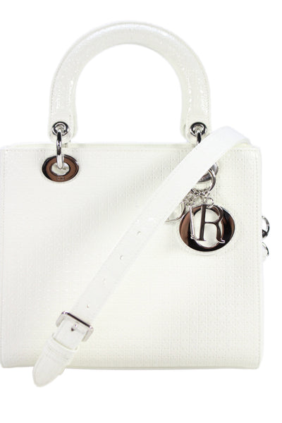 Christian Dior Womens Micro-Cannage Glossy Leather Lady Dior Handbag White