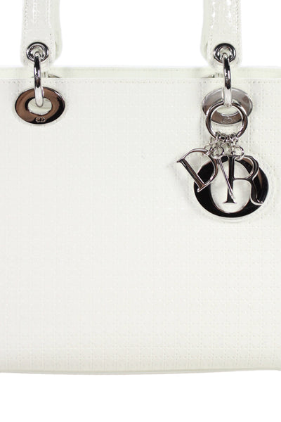 Christian Dior Womens Micro-Cannage Glossy Leather Lady Dior Handbag White