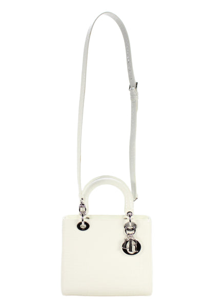Christian Dior Womens Micro-Cannage Glossy Leather Lady Dior Handbag White