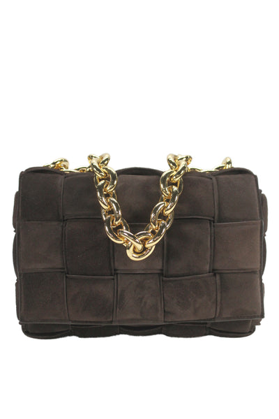 Bottega Veneta Womens Suede Intrecciato Padded Chain Cassette Handbag Brown