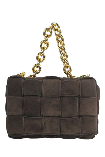 Bottega Veneta Womens Suede Intrecciato Padded Chain Cassette Handbag Brown