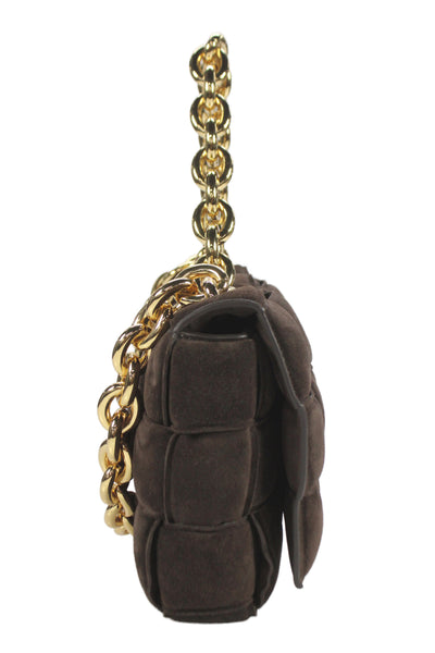Bottega Veneta Womens Suede Intrecciato Padded Chain Cassette Handbag Brown