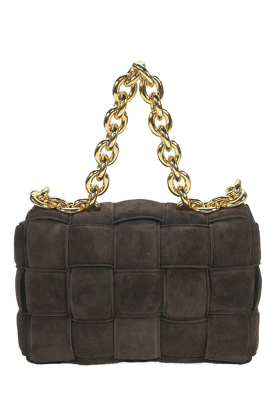 Bottega Veneta Womens Suede Intrecciato Padded Chain Cassette Handbag Brown
