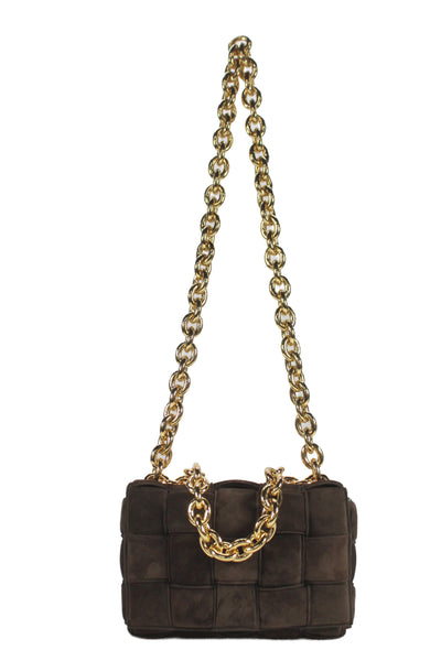 Bottega Veneta Womens Suede Intrecciato Padded Chain Cassette Handbag Brown
