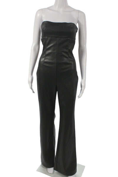 Zara Women Black Faux Leather Strapless Sleeveless Biker Jumpsuit Zip Size S