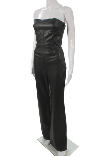 Zara Women Black Faux Leather Strapless Sleeveless Biker Jumpsuit Zip Size S