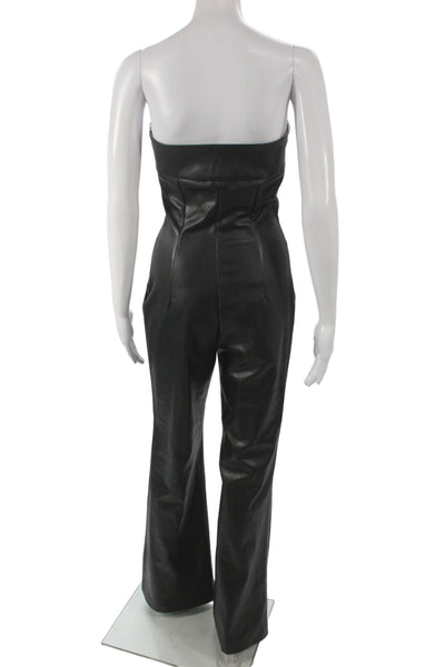 Zara Women Black Faux Leather Strapless Sleeveless Biker Jumpsuit Zip Size S