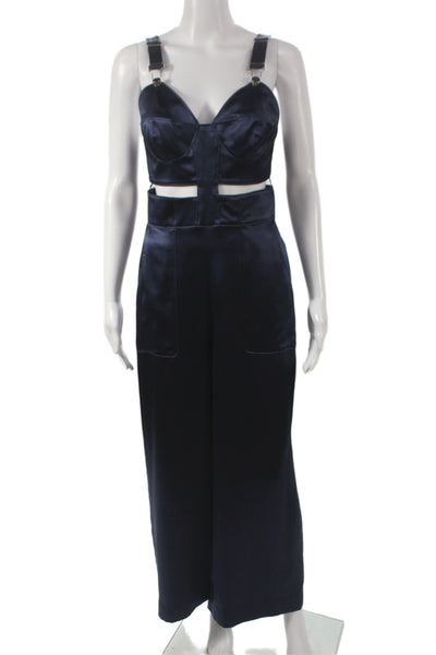 Fleur du Mal Women Jumpsuit Dark Blue Silk V-Neck Sleeveless Size 4