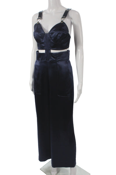 Fleur du Mal Women Jumpsuit Dark Blue Silk V-Neck Sleeveless Size 4