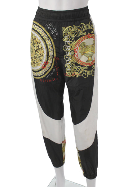 Versace Mens Jogger Black Polyester Graphic Print Drawstring Designer Size 44