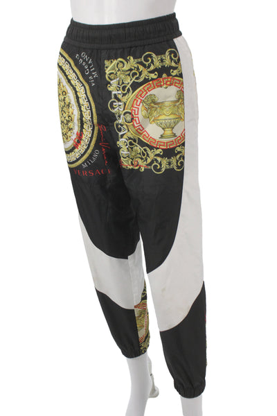 Versace Mens Jogger Black Polyester Graphic Print Drawstring Designer Size 44