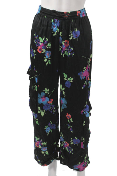 ROTATE Womens Black Floral Cargo Pants Viscose Drawstring Size 2