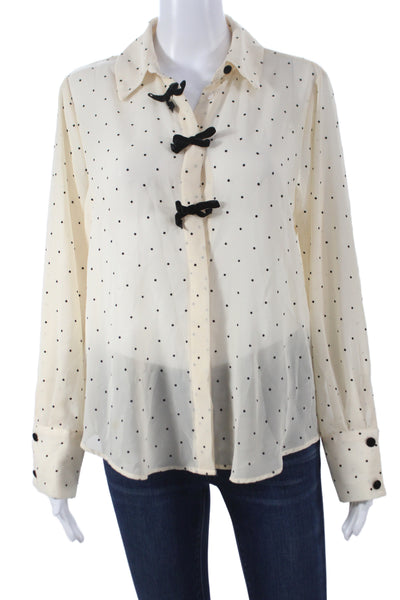 Zara Womens Polka Dot Collared Button Up Blouse Beige Long Sleeve Size M
