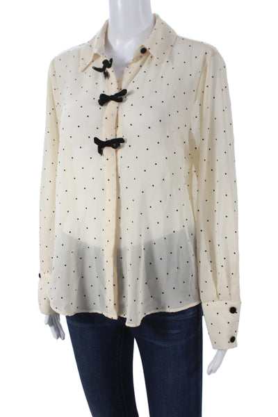 Zara Womens Polka Dot Collared Button Up Blouse Beige Long Sleeve Size M