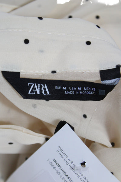 Zara Womens Polka Dot Collared Button Up Blouse Beige Long Sleeve Size M