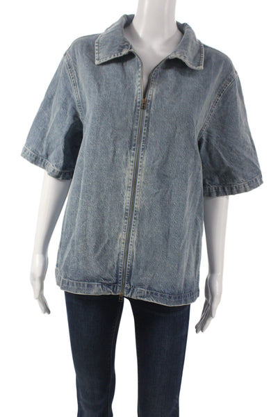 Zara Women Windbreaker Blue Collared Short Sleeve Wool Blend 90s Size S