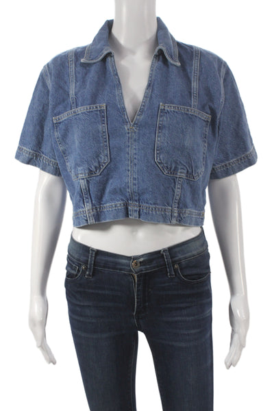 Zara Women Cropped Button Up Cotton Collared Short Sleeve Blouse Blue Size S