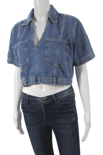 Zara Women Cropped Button Up Cotton Collared Short Sleeve Blouse Blue Size S